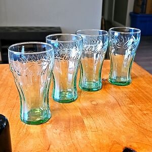 Four Coca-Cola Clear Green Mini Glasses